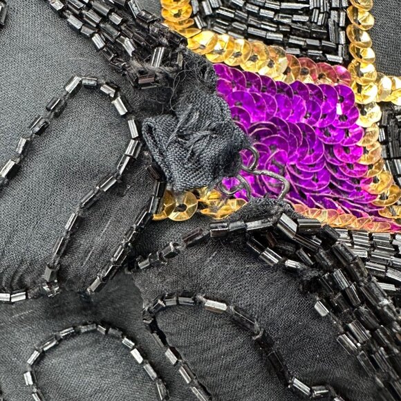 Vintage Sequin Beaded Top Large Black Purple Green Mardi Gras 1990s Shirt Fancy - Picture 6 of 10
